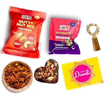 Open Secret Diwali Bhaidooj Gift Hamper with Chocolate Brownies and Healthy Dry Fruit and Nuts 4 Item Gift Combo Choco Almond Brownie Dry Fruit Nut Mixes Decoration Lights and Special Diwali Card Corporate Gift for Diwali