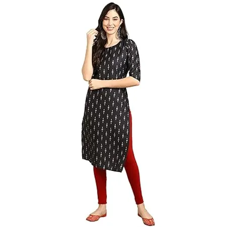 Pinkmint Women s Crepe Black Color Ethnic Motif Printed Straight Kurti NC 530359 XL 