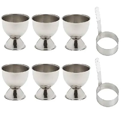 Stainless Steel Set of 2 Round Egg Pancake Ring with Handle and Set of 6 Egg Cups