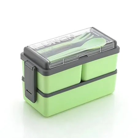 TEX RO 3 Compartment Lunch Box for Office Men and Lunch Box for Kids Microwave Safe Lunch Boxes Pack of 1 Green Grey Plastic 1400 Milliliter