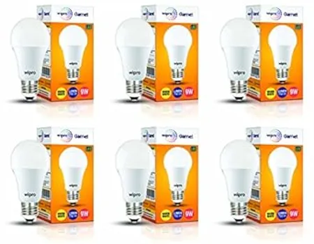 wipro Garnet 9W LED Bulb for Home Office Warm White 2700K E27 Base 220 degree Light coverage 4Kv Surge Protection 400V High Voltage Protection Energy Efficient Pack of 6