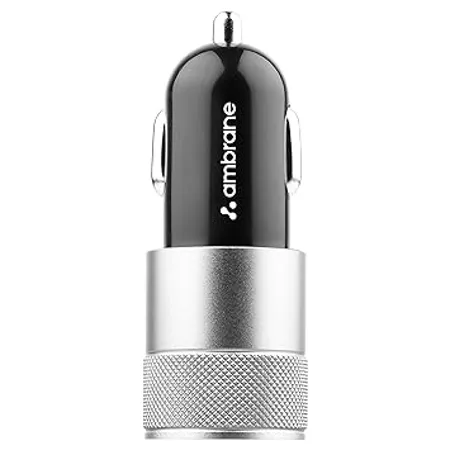 Ambrane 12W Fast Car Charger Dual USB Output Multi Layer Protection Fast Charging Compatible with All Cars Without Cable for All Mobiles Other USB Enabled Devices ACC74 Black Silver 
