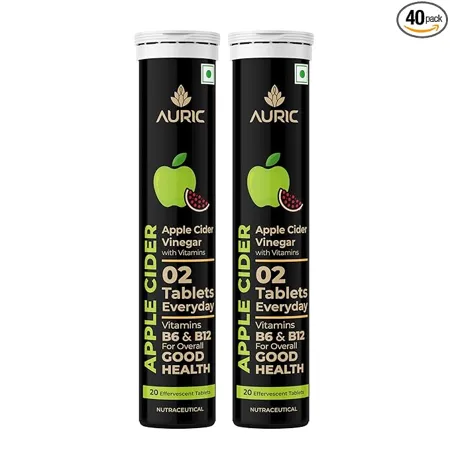 Auric Apple Cider Vinegar with Vitamins 40 ACV Tablets with Vitamin B6 B12 Weight Loss Metabolism Benefits Supports Digestion Bloating Relief Gut Health for Men and Women Taste Only Green Apple Not the Vinegar