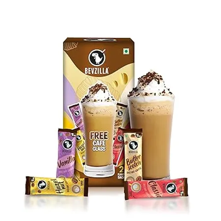 Bevzilla Premium Glass 24 Flavoured Coffee Sachets Box Makes 24 Cups Of Coffee Butterscotch Classic French Vanilla Turkish Hazelnut Flavour Preimum Gift Box Strong Coffee