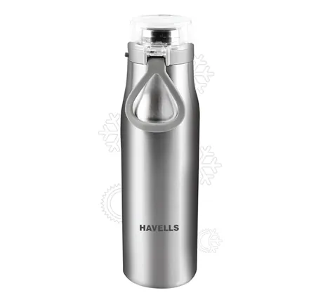 Havells Aqua S Double Wall Hot Cold Water Bottle 304 Grade Stainless Steel Inner Body Non Toxic Leak Proof Easy to Clean 590 ML Silver
