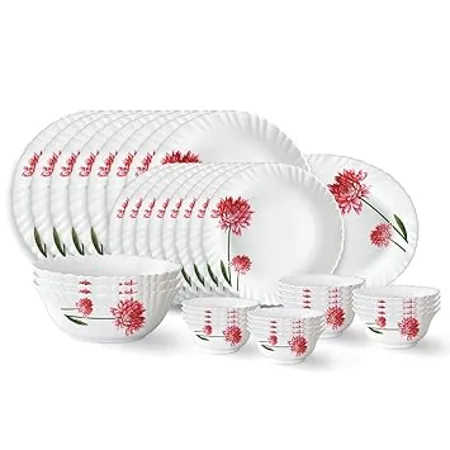Larah by Borosil Belle Fluted Series Opalware Dinner Set 36 Pieces for Family of 8 Microwave Dishwasher Safe Bone Ash Free Crockery Set for Dining Gifting Plates Bowls White