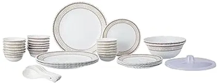 Larah by Borosil Elega Fluted Series Opalware Dinner Set 40 Pieces for Family of 6 Microwave Dishwasher Safe Bone Ash Free Crockery Set for Dining Gifting Plates Bowls White