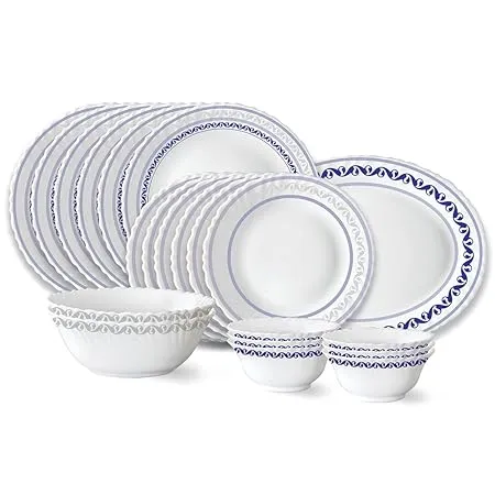 Larah by Borosil Jazzblue Fluted Series Opalware Dinner Set 21 Pieces for Family of 6 Microwave Dishwasher Safe Bone Ash Free Crockery Set for Dining Gifting Plates Bowls White