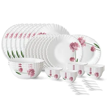 Larah by Borosil Nargis Fluted Series Opalware Floral Dinner Set 44 Pieces for Family of 8 Microwave Dishwasher Safe Bone Ash Free Crockery Set for Dining Gifting Plates Bowls White