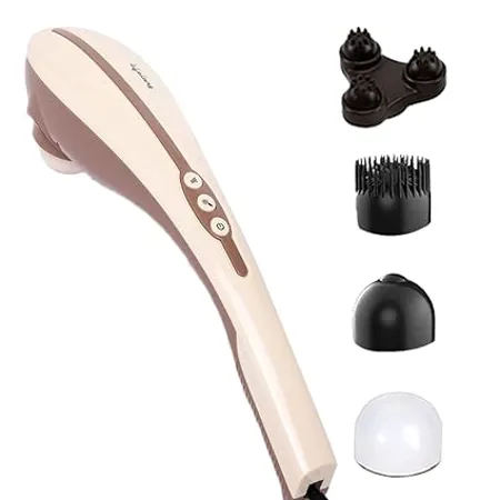 Lifelong LLM45 Rechargeable Full Body Massager With 4 Massage Heads Variable Speed Settings For Pain Relief and Relaxation Handheld Massager Cordless 1 Year Warranty Battery Powered Brown