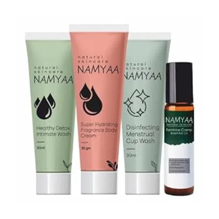 Namyaa Intimate Travel Hygiene Kit Combo Pack of Intimate Wash Menstrual Cup Wash Super Hydrating Fragrance Body Cream Period Cramp Roll On Perfect for Period Pain Hygiene 100g