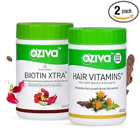OZiva Hair Vitamins Capsules with Biotin DHT Blocker for Hair Growth Hair Fall Control 60 Capsules Plant Based Biotin Xtra with Keratin Builder for Hair Repair 60 Capsules Combo Pack 