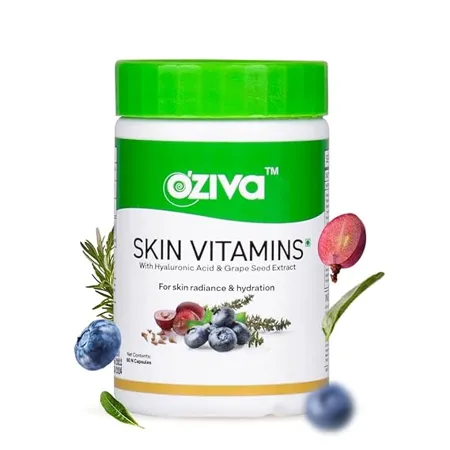 OZiva Skin Vitamins 60 Capsules for Men Women with Hyaluronic Acid Vitamin E C for Radiant Skin Hydration Certified Clean Vegan