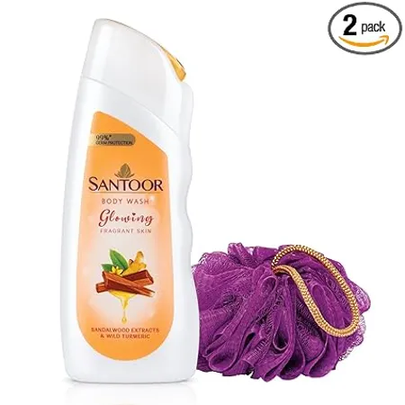 Santoor Glowing Skin Body Wash Sandalwood Extracts Wild Turmeric Soap Free Paraben Free pH Balanced Shower Gel 230 ml with Loofah
