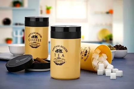 Tosaa Tea Sugar Coffee Container Set Of 3 Kitchen Counter Top Airtight Storage Canister With Lids Brown 800ml