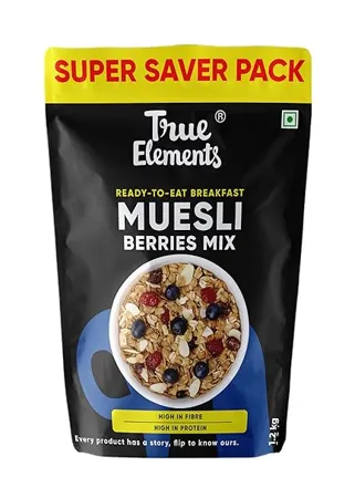 True Elements Berries Mix Muesli 1 2kg Muesli with goodness of Cranberry and Blueberry Muesli berry Mix Super Saver Pack Healthy breakfast Cereal 100 Wholegrain