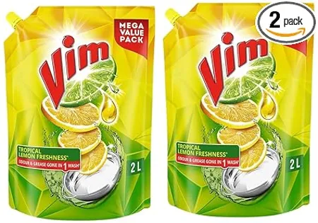 Vim Dishwash Liquid Gel Lemon Refill Pouch 2 Ltr Dishwash Gel Infused With The Power Of Lemons Leaves No Residue Pack of 2 