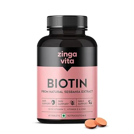 Zingavita Advanced Biotin Tablets Boosts Keratin Production Reduce Hair Fall and Promote Hair Growth with Natural Sesbania Agati Leaf Extract Hair Vitamins Biotin Vitamin C Vitamin E Zinc for Healthy Hair Skin Nails For Both Men Women 60 Tablets 