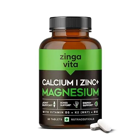 Zingavita Calcium Magnesium Zinc Tablets with Vitamin D3 K2 B12 Calcium for Women Men Ideal Supplement to support Bone Joint Health 60 Calcium Tablets