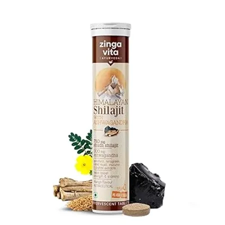 Zingavita India s 1st 750mg Shilajit Effervescent Tablets Infused with Ashwagandha extract Gokshuru Fenugreek and Safed Musli for Strength Vitality Performance Mango Flavour 15 Tablets