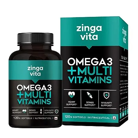 Zingavita Omega 3 Fish Oil 1000mg Capsules with Multivitamin 120 Capsules Fish Oil EPA DHA with Ginseng Ashwagandha 25 Ingredients for Energy Immunity Heart Bone Joints Support