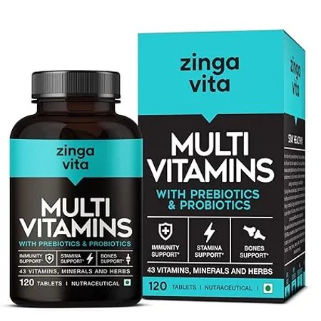 Zingavita Vegetarian Multivitamin Tablets with Probiotics Prebiotics 120 Count With 43 Vitamins Minerals Supplement with Vitamin B12 C D E Zinc Biotin for Men Women
