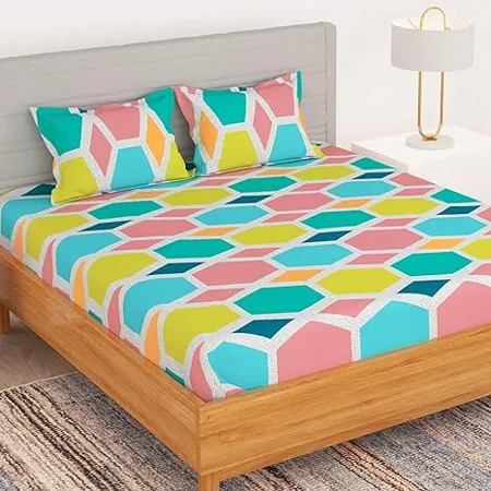 BEDSPUN Microfiber 150 TC Bedsheet for Double Bed with 2 Pillow Covers Queen Size Neon Geometric Size 220 CM X 225 CM