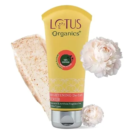Lotus Organics Brightening De Tan Scrub With 100 Certified White Peonies Reduce Tanning Combats sun damage Removes Blackheads Whiteheads and Pigmentation For Glowing Fresh Skin For All Skin Types