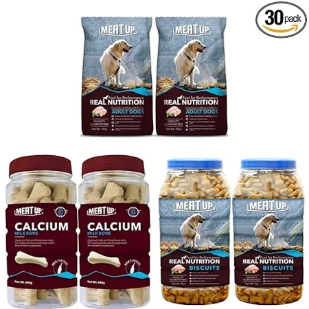 Meat Up Adult Dog Food 10 kg Buy 1 Get 1 Free Chicken Flavour Real Chicken Biscuit 1kg Buy 1 Get 1 Free Calcium Bone Jar Dog Supplement Treats 240 g 30 Pieces Buy 1 Get 1 Free 