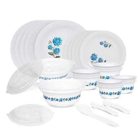 RYLAN Blue Dinner Set 36 Pieces for Family of 6 Microwave Dishwasher Safe Bone Ash Free Crockery Set for Dining Gifting Plates Bowls White