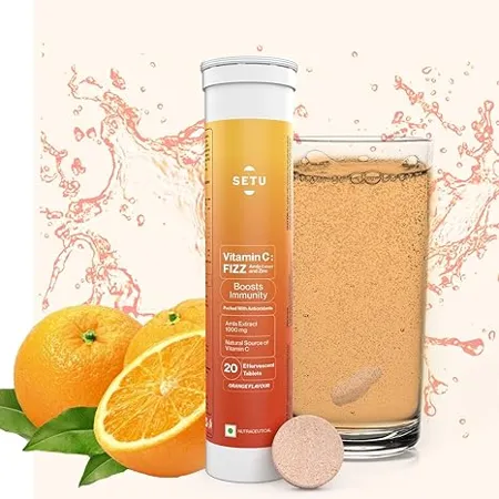 Setu Vitamin C Fizz 20 Effervescent Tablets Pack of 1 Amla Extract and Zinc Boost Immunity Skin Orange Flavour