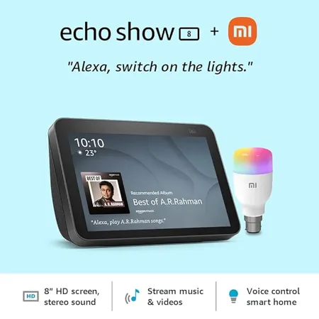 All new Echo Show 8 2nd Gen Black Combo with Mi LED smart color bulb