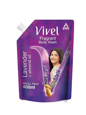 Vivel Exfoliating Body Wash Lavender Almond Oil Shower Gel Creme 400 ml Liquid Refill Pouch for Glowing and Moisturised Skin Refill Pouch All Skin Types