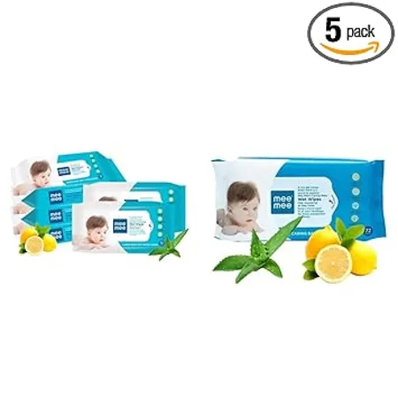 Mee Mee Caring Baby Wet Wipes with Lemon Fragrance 30 Pieces Pack of 5 Mee Mee Baby Gentle Wet Wipes with Lemon extracts 72 pcs Pack of 1