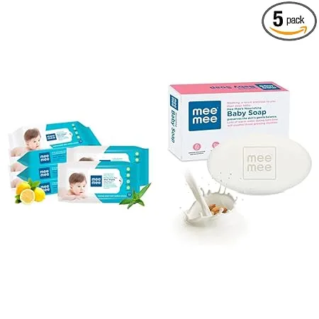 Mee Mee Caring Baby Wet Wipes with Lemon Fragrance 30 Pieces Pack of 5 Mee Mee Nourishing Baby Soap with Almond Milk Extracts Single Pack 