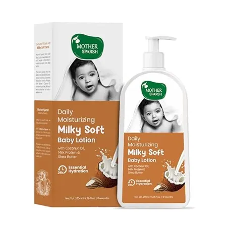 Mother Sparsh Milky Soft Baby Lotion 200ml with Milk Protein Coconut Oil Shea Butter For 24Hrs Moisturization