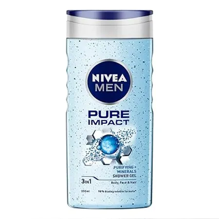 NIVEA MEN Pure Impact 250ml Body Wash Shower Gel for Face Body Hair Purifying Micro Particles for Extra Fine Scrub Instant Summer Freshness Clean Healthy Moisturized Skin