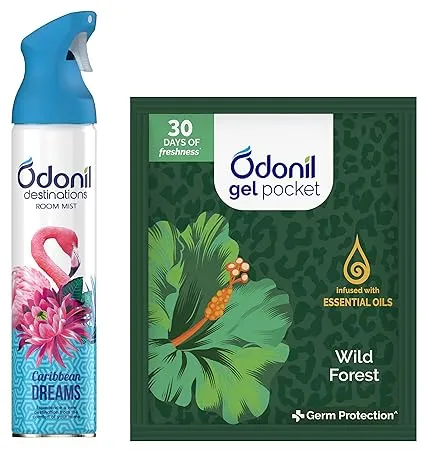 Odonil Combo Pack Air Freshener Spray Gel Pocket Carribean Dreams Wild Forest
