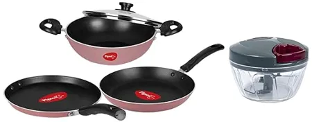 Pigeon by Stovekraft Basics Aluminium Non Stick Cookware Set Set of 3 with one lid Pink Handy Mini Plastic Chopper with 3 Blades Grey Combo