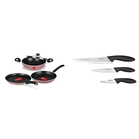 Pigeon by Stovekraft Basics Aluminium Non Stick Cookware Set Set of 3 with one lid Pink Stainless Steel Kitchen Knives Set 3 Pieces Multicolour Combo