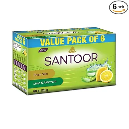 Santoor Fresh Skin Aloe Vera Lime Bathing Soap with Nourishing Anti Aging Properties For Smooth Soft and Younger Looking Skin For All Skin Types 125g Pack of 6