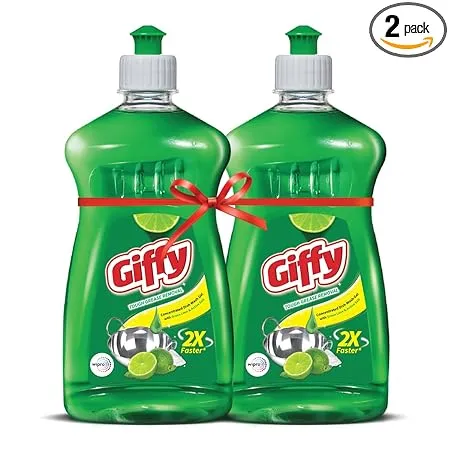 Giffy Concentrated Liquid Dish Wash Gel with Active Salt Lime 2x Faster Tough Grease Removal Mild Fragrance Removes Tough Malodour Leaves No White Residue Hand Safe 500ml Pack of 2 