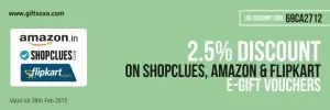 giftxoxo amazon, flipkart and shopclues vouchers at 2.5% off + 2% off
