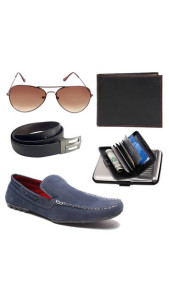 Zapatoz Combo of Wallet-Card Holders-Belt-Sunglasses-Blue TPR Loafers