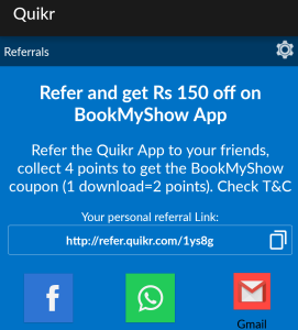 quikr app refer and gte boomyshow vouchers worth Rs 150
