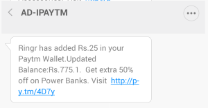 ringr app Rs 25 paytm cash redemption proof