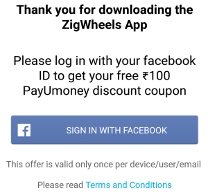 zigwheels offers Rs 100 off on Rs 400 payumoney voucher