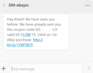 ebay Rs 200 off on Rs 220 discount coupon misscall