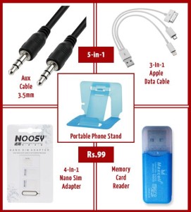 Letsbuy99 5-in-1 - Aux Cable + 3-in-1 Apple Data Cable + Nano Sim Adapter + Memory Card Reader + Mobile Stand