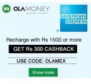 Ola Money get Extra Rs 300 cb on recharge worth Rs 1500 via Amex Express cards